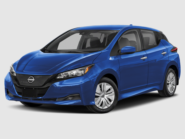 A bright blue 2025 Nissan LEAF electric sedan parked at an angle, showcasing its sleek design.