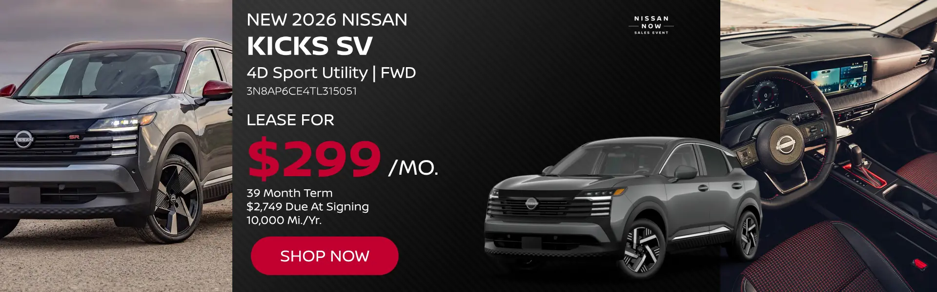 Lease a 2026 Nissan Kicks SV for $299 per month